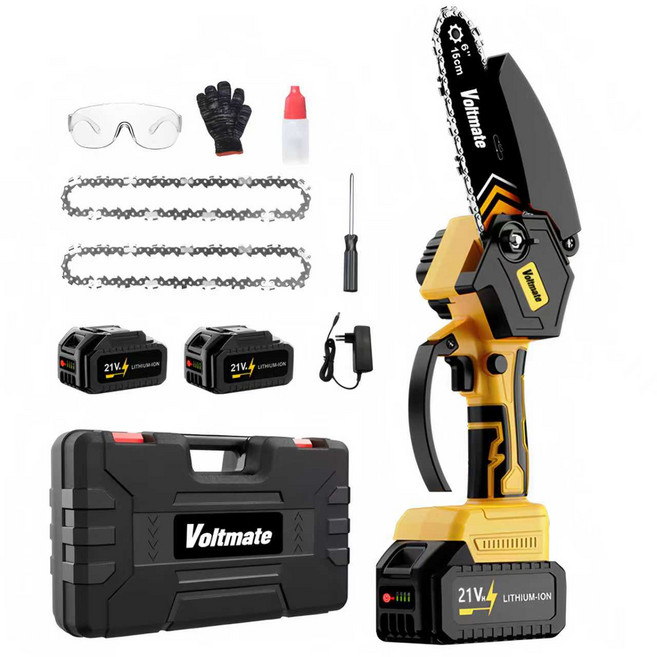 VoltMate 독일 21V BLDC 브러시리스 6인치 LED 잔량 표시 4000mAh 리튬 배터리 2개 체인톱 전기톱, 1세트