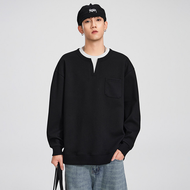 해피유통 남성용 가을 겨울 캐주얼 루즈핏 브이넥 포켓 기본 면 소재 긴팔 티셔츠