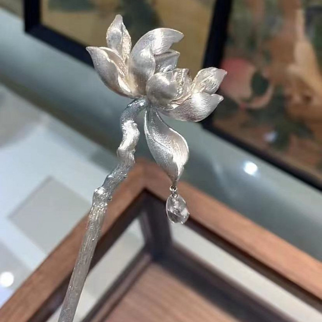 新中式蓮花髮簪宮廷銀色步搖古風漢服髮飾荷花仙子頭飾