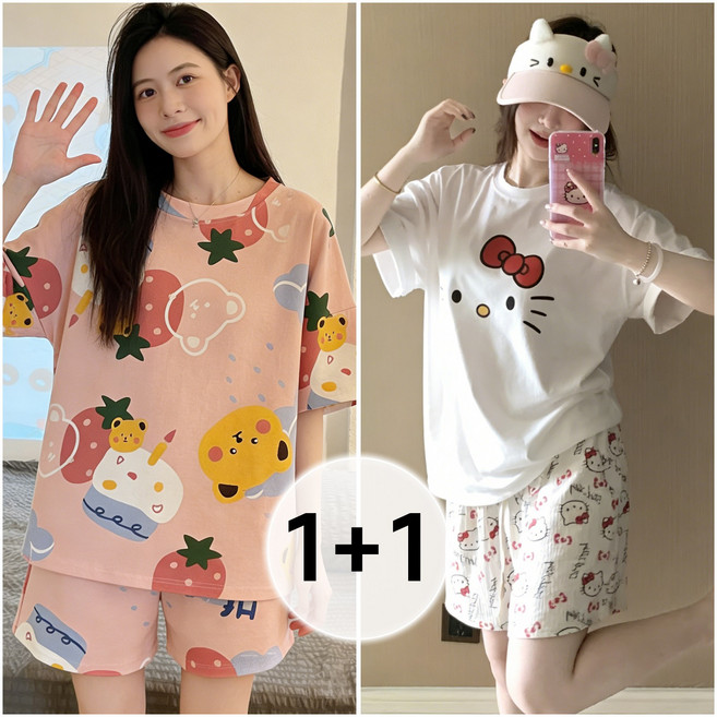 Flyaiku 1+1 여성 여름 잠옷세트 귀여운 캐릭터 반팔 반바지 홈웨어 파자마