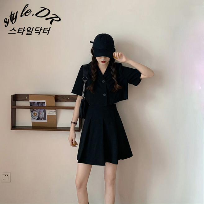 스타일닥터 여자 여름 정장 세트 박시 쇼트 톱과 하이웨이스트 플리츠 스커트