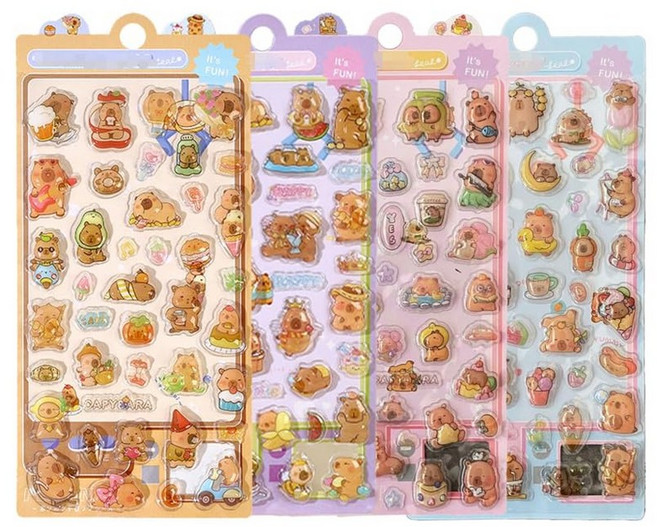 Sediven 3D 스티커 3D 스티커 Capybara 4 소녀 세트 Puffy Reward glitter 3D 캐릭터 노트북 일기 DIY 붙여넣기 가능 공예 용품용 ..., 상세페이지 참조, 기타