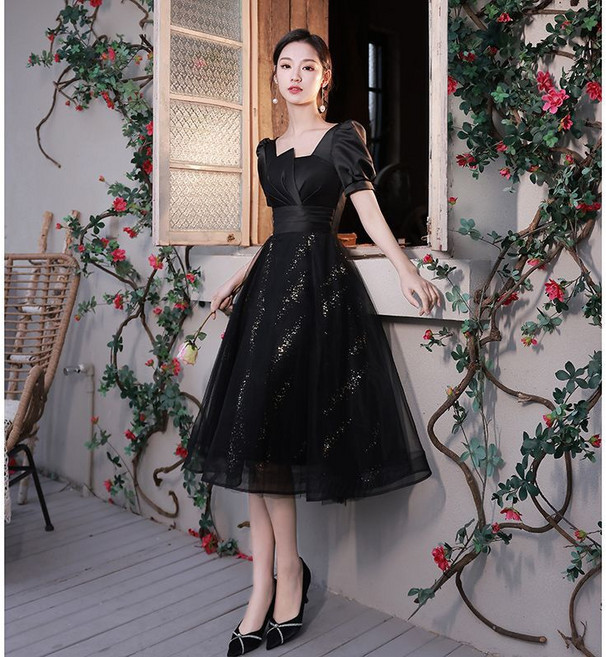 여성 반팔 파티 연주 드레스 슬림핏 롱 원피스 고급스러운 파티복 기질 스퀘어넥 이브닝 드레스 ZN