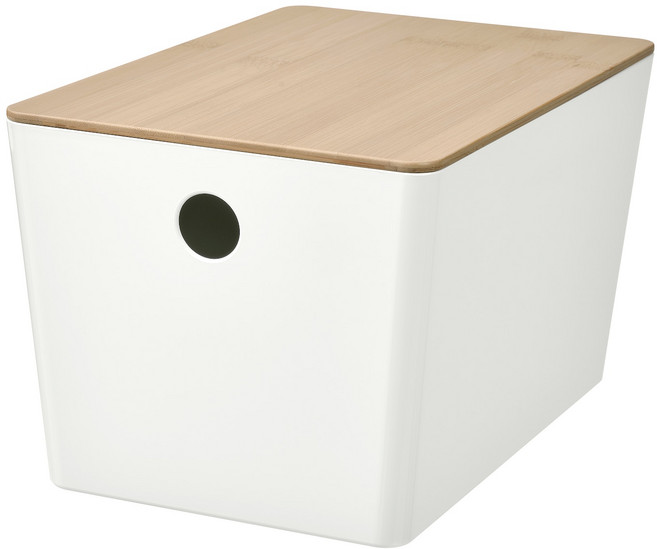 이케아 쿠기스 수납함+뚜껑 화이트/대나무 18x26x15cm, 1세트