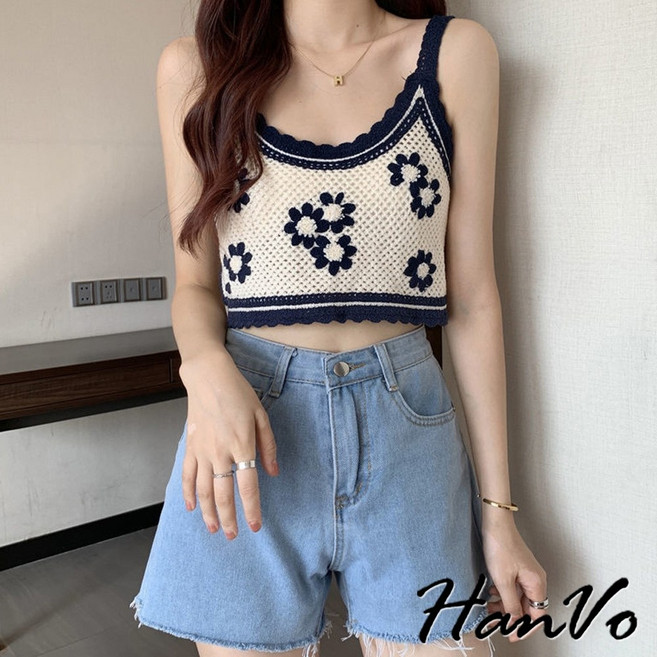 HanVo 甜美法式勾花編織小背心 獨特風格魅力有型針織 韓系女裝 A01-0124