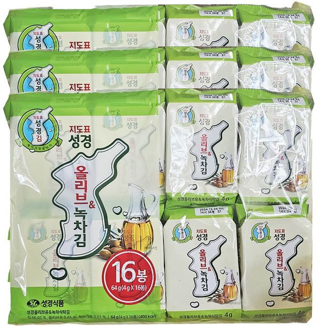 [성경김본사] 지도표성경 올리브녹차 식탁김 4gx16봉x3개(총48봉), 4g, 48개