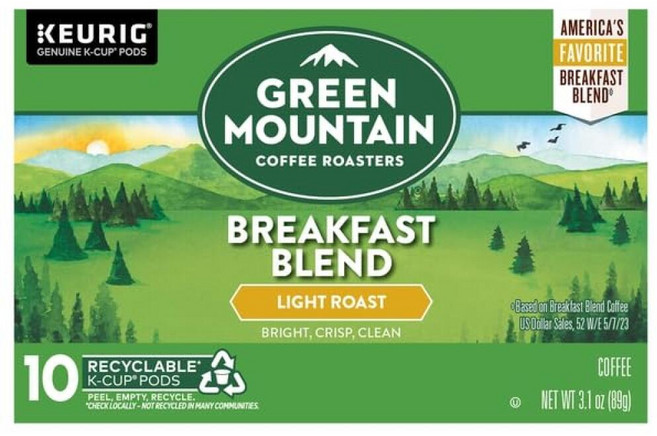 Green Mountain Coffee Roasters 라이트 로스트 브렉퍼스트 블렌드 커피 K-컵 포드 10개, 89g