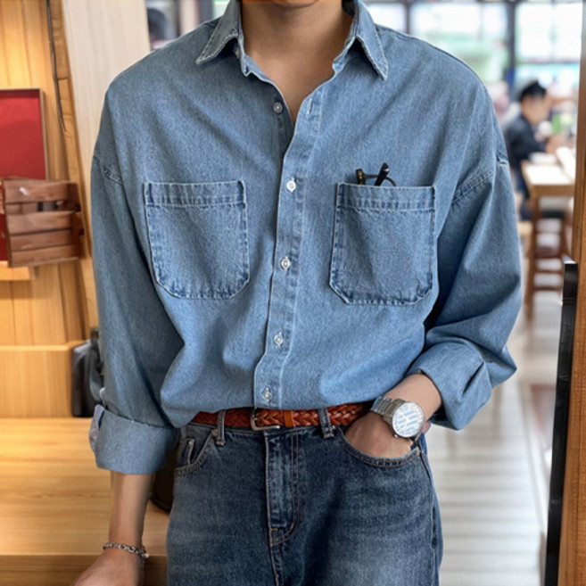 데일로엔 남성 루즈핏 워싱 데님 카라 긴팔 셔츠
