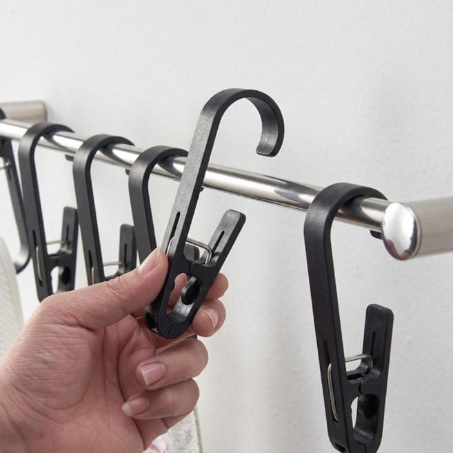 후크형 빨래걸이 집게 고리 2 in 1, 1세트, 블랙