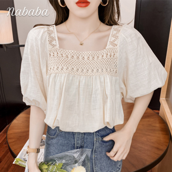 나바바 NB733 여성 레트로 퍼프소매 스퀘어넥 블라우스
