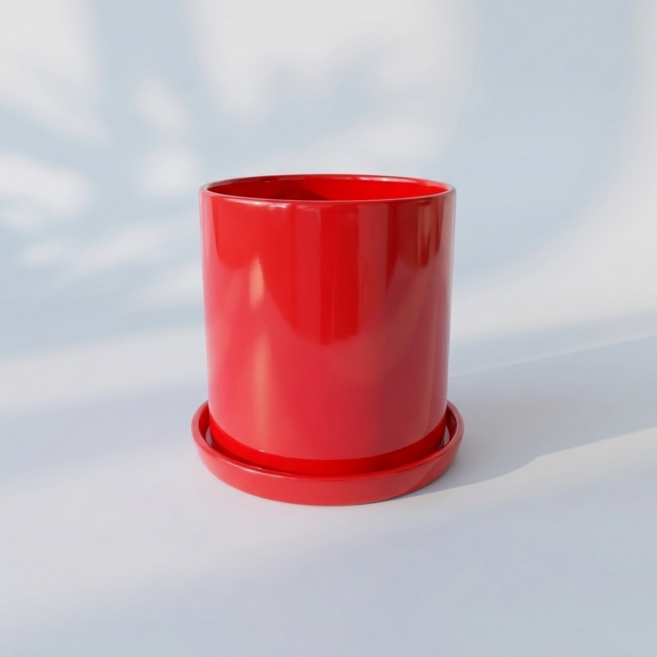 유광 원통형 세라믹 도자기 화분 레드 18*18, 1개