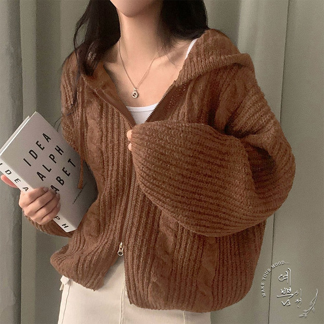 예쁨시전 데일리 원픽 오버핏 투웨이 꽈배기 니트 후드 가디건