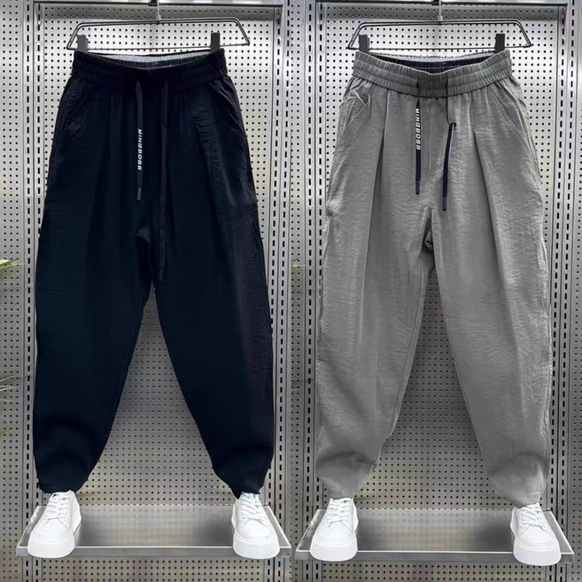 Ashysnow 1+1 냉장고 캐주얼 바지 남자 여름 루즈핏 얇은 주름 시원한 투포켓 편안한 캐주얼 바지 조거 트레이닝 바지
