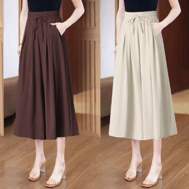 여름 와이드 7부바지 여성 캐주얼 하이웨스트 심플 무지 루즈핏 밴딩팬츠 데일리룩 치마바지