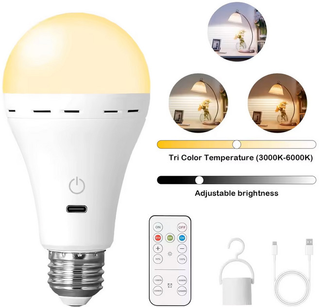 1/2개 3색 USB LED 전구 충전식 스마트 디밍 가능 E27 타이밍 무선 배터리 작동, 01 3color-1pc