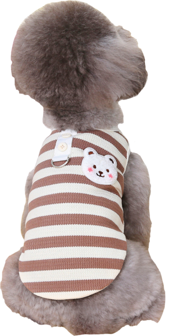 개인싸 강아지옷 곰돌이 와펜 스트라이프 민소매 티셔츠 하네스옷, 브라운, 1개