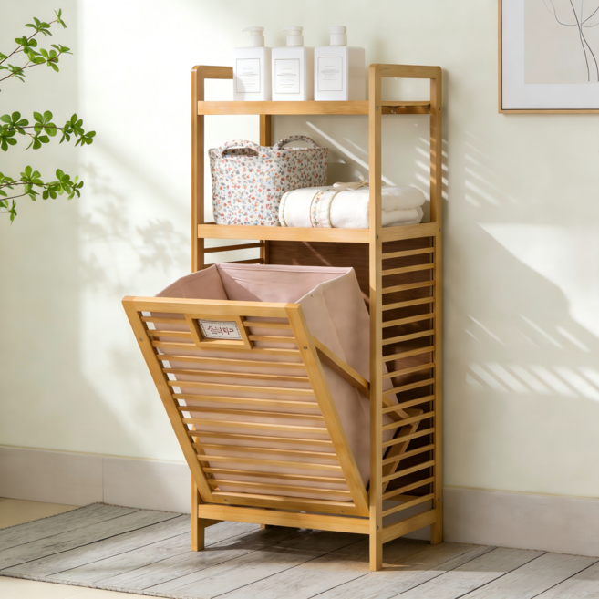 쿠리브 선반형 빨래바구니 대나무 햄퍼 수납장 베란다 수납선반, 원목색3301 40cm