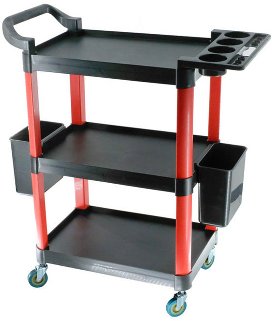 Supamoto 工具車 工作台 三層收納移動餐車 洗車, 1個, 扶手+圓瓶, 黑配紅
