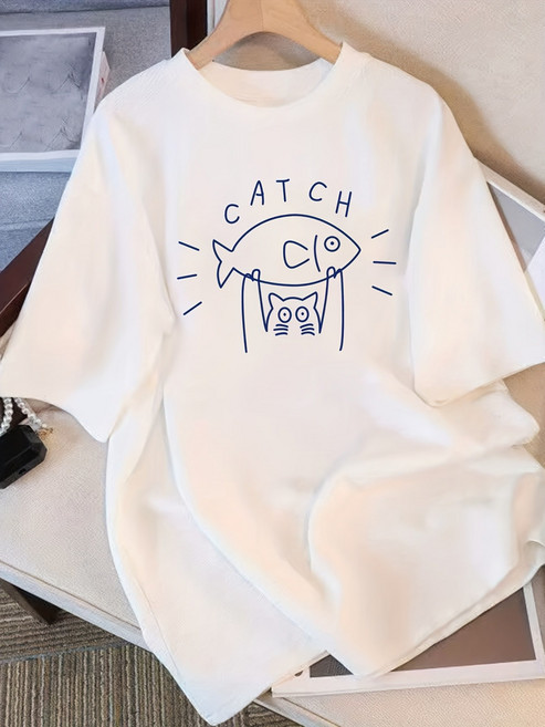 고양이 물고기 CATCH 프린트 루즈핏 오버핏 빅사이즈 반팔티셔츠 100% 면 통기성 썸머 라운드넥 여성티셔츠