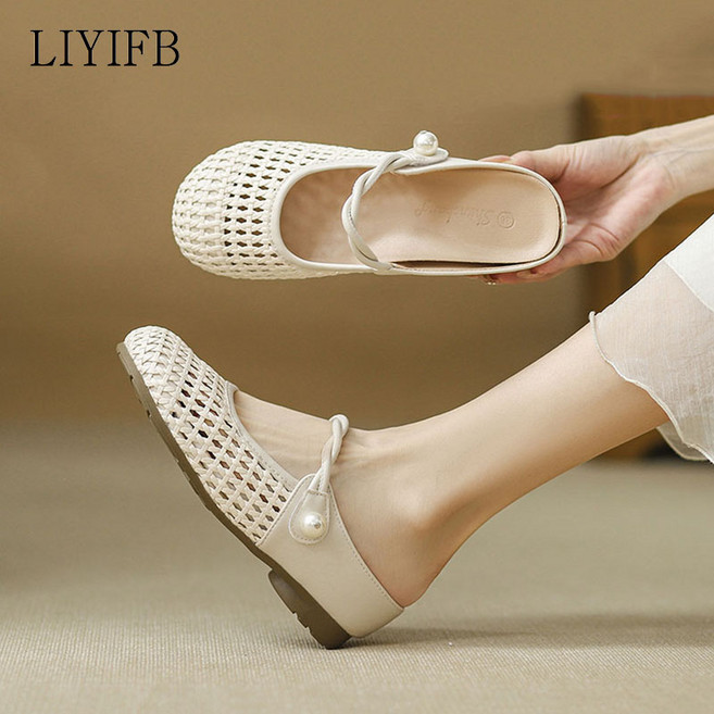 LIYIFB 짜임 펀칭 여성 메리제인 블로퍼 키높이 뮬 슬리퍼 5cm