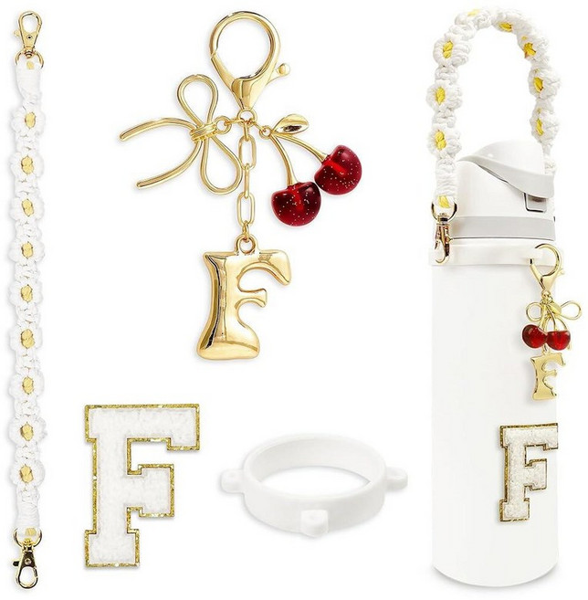 BydGxy Owala FreeSip & Tumbler용 체리 리본 나비매듭 레터 참 맞춤형 이니셜 물병 손잡이 액세서리 프레피 스타일 선물 핑크 - H 160128, 글자 F, 화이트