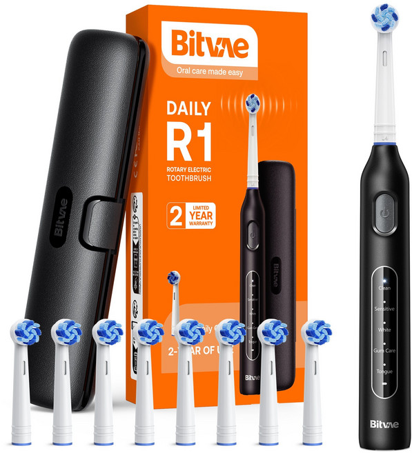 비트베이 R1 회전형 전동칫솔 진동칫솔 칫솔모8개, 1개, 블랙