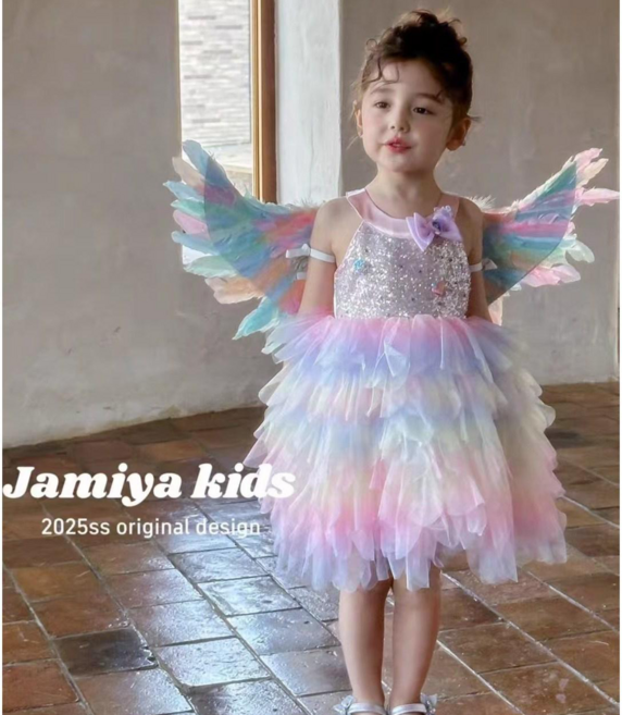 라움리에 여아 오로라 셔링 캉캉 날개 세트 공주 드레스 원피스