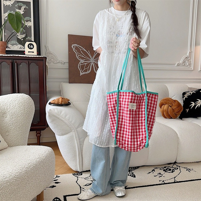 메이 체크 가을 여행 보부상 에코백 데일리 숄더백 패브릭 가방