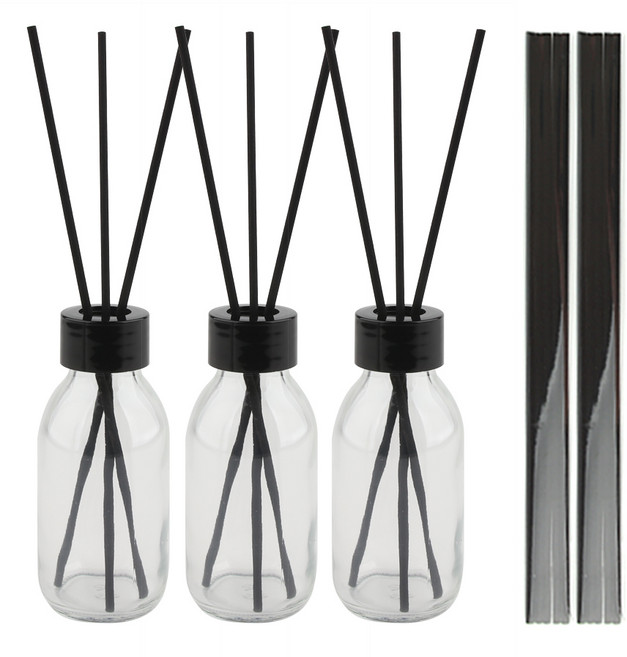 공병상회 디퓨저 DIY 소분용기 OS더치100 투명 유리병 3P + 리드스틱 10P 세트, 3개, 100ml, 블랙캡