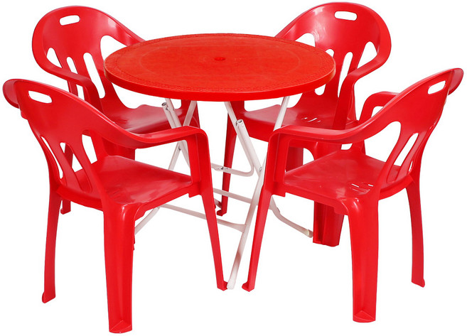 지오리빙 플라스틱 테이블 의자 세트, 원형+팔걸이(레드)