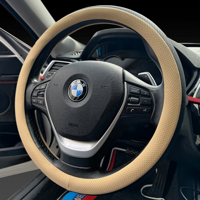 차차차 프리미엄 자동차 가죽 타공 투톤 순정형 핸들커버, 새들브라운+블랙