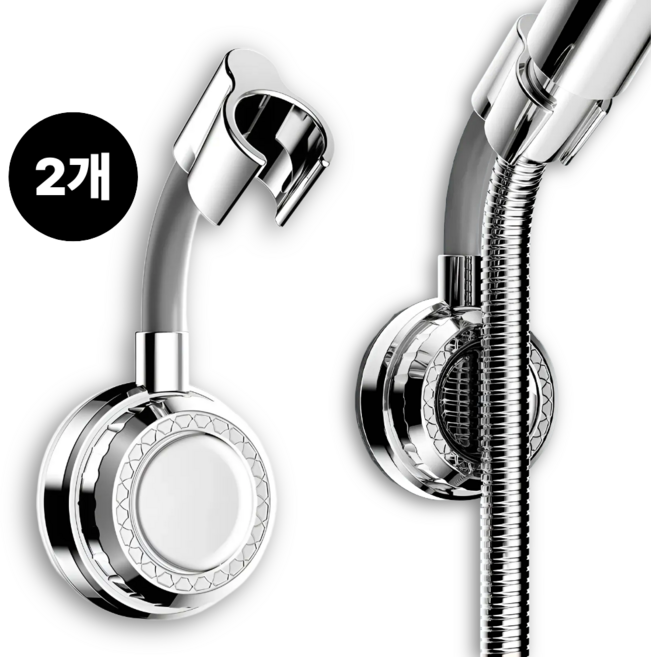 엘케이굿 무타공 이동식 각도조절 강력 진공흡착 샤워기 거치대 2개, 실버