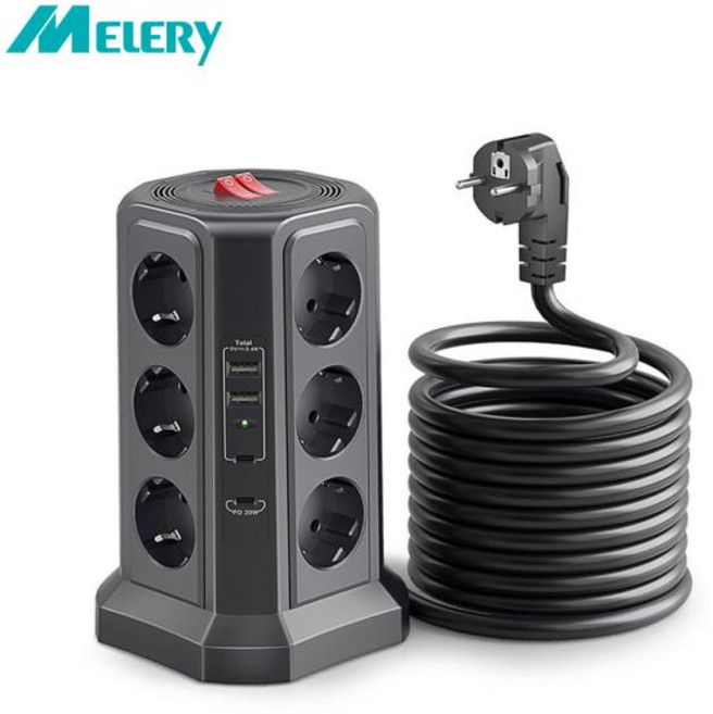 Melery 다중 멀티탭 수직 EU 전기 플러그 타워 콘센트 소켓 USB C타입 20W 서지 보호대 회로 익스텐션 코드, 1개