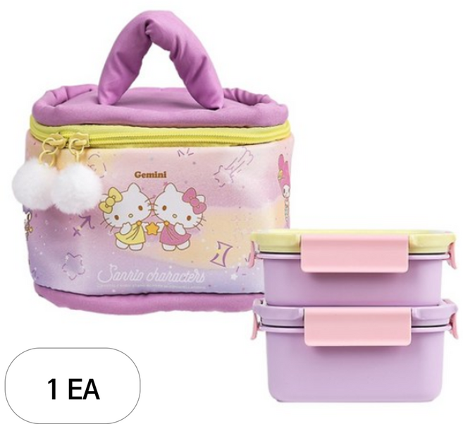 릴팡 아동용 산리오캐릭터즈 카고 2단 도시락 퍼프 가방 세트, 혼합색상, 1세트