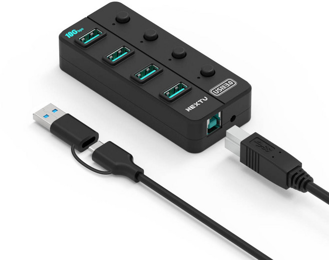 넥스트유 USB3.2 GEN2 4포트 개별전원 버튼 USB 무전원 허브 NEXT-813U3NP-10G, 블랙, 1개