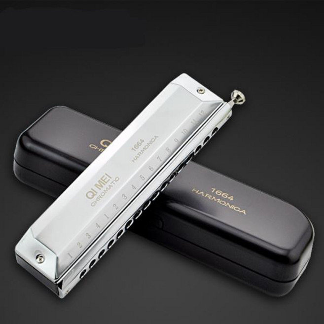 QIMEI-1664 크로매틱 하모니카 16 홀 전문 아르모니카 입 오간 크로마티카 하프 가이타 드 보카 음악 악기, 02 silver, 1개