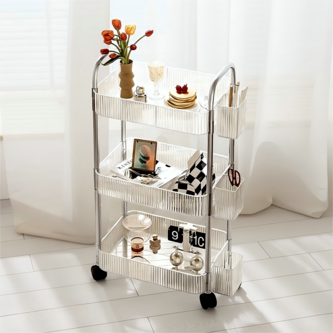 프리미엄 아크릴 3홀더 이동식 트롤리 수납 선반 카트, 투명, 3단