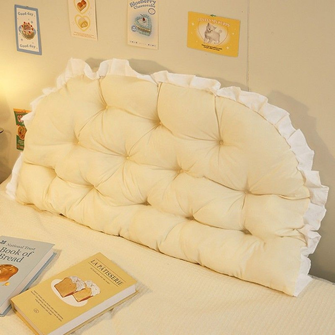 公主風床頭軟靠墊 宿舍上下鋪床頭擋板 學生防撞全包圍靠背, 雲朵奶黃色【高50cm*厚10cm】,長90cm【適閤1米寬宿捨床鋪】