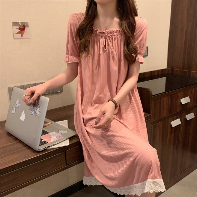 RlikeU 원피스잠옷 스트라이프 스퀘어넥 공주 파자마 실내복 여성 반팔 홈웨어 원피스 PJM-173