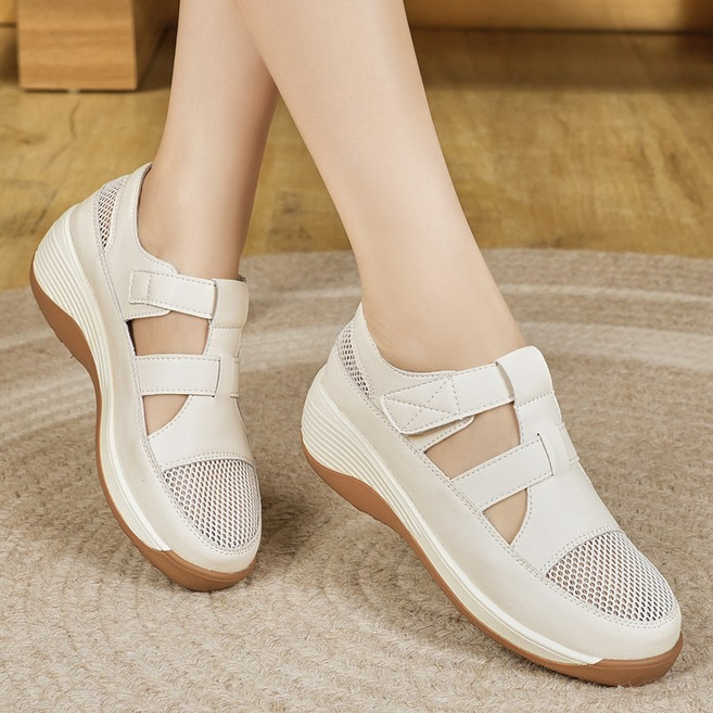 DarjinQD 여성 망사 샌들 키높이 통굽 5CM 발편한 여성 샌들 여름 펀칭 슬립온 키높이 스니커즈 쿠션 시원한 신발 여성 통기성 슬립온 여성 통굽 구두 엄마 샌들198