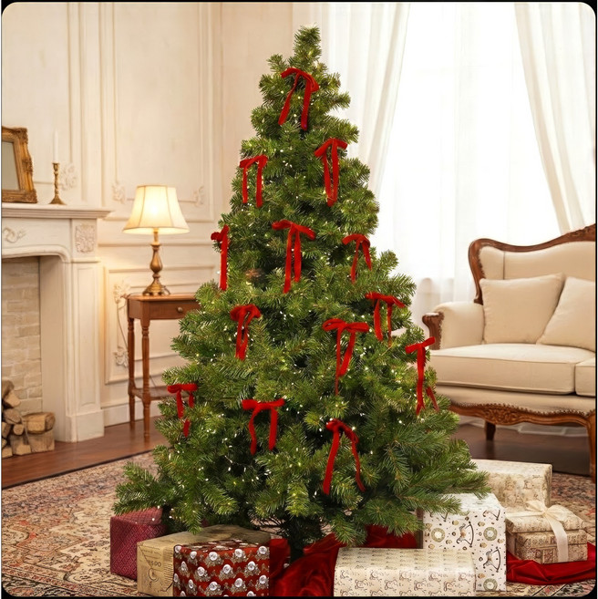 뉴욕 클래식 풀세트 크리스마스 트리 (트리+오너먼트+지네전구), 벨벳리본