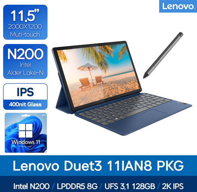 Lenovo Duet3 11IAN 82XK0001KR Intel® N200/8G/128G/11형 2K IPS 400nits/윈도우11 S모드/분리형 테블릿/윈도우 테블릿, 어비스블루, 128GB, 8GB, WIN11 S