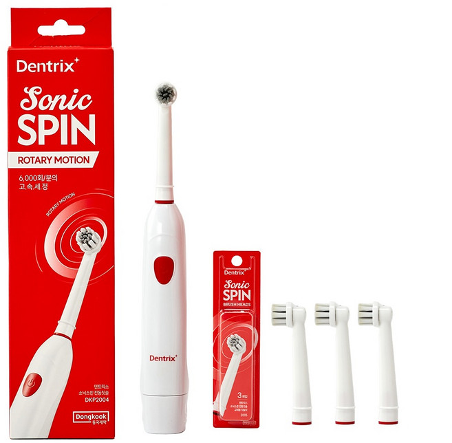 동국제약 덴트릭스 소닉스핀 전동칫솔+교체용 칫솔모 3P 프라그제거 치석제거 입냄새제거 두가지패턴모 방수 선물 추천 선물 연말선물 부모님 선물, 1개