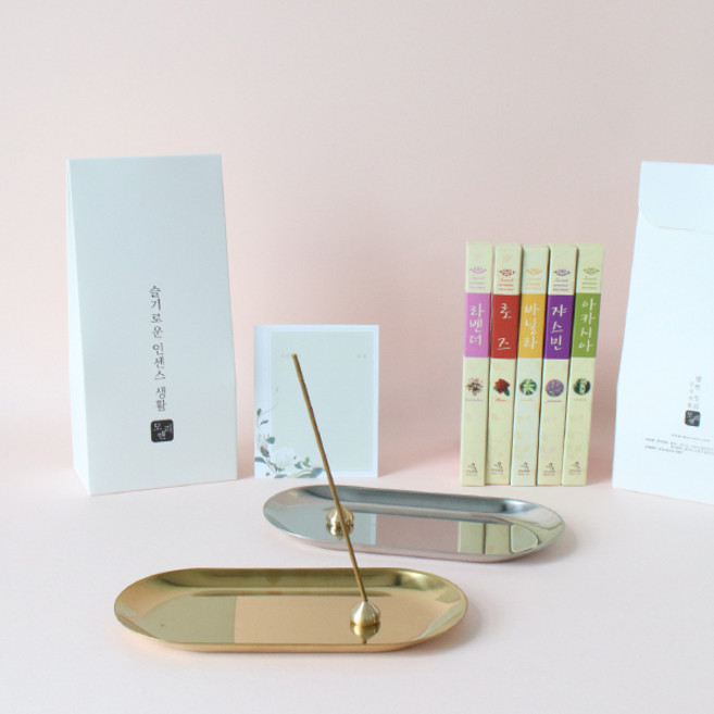 모리앤 "국산 은은한 천연향" 플라워 인센스스틱+홀더+메탈트레이 세트 5가지향 아로마 천연인센스 인센스선물세트 디퓨저세트 선물세트 실내방향제 집들이선물 명상디퓨저, 골드트레이 쟈스민향, 1개