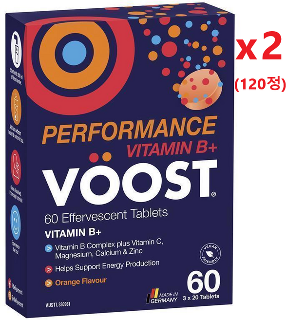 부스트 퍼포먼스 발포 비타민 B+ C 마그네슘 칼슘 아연 60T 오렌지맛 - VOOST Performance Vitamin B+, 2개, 60정