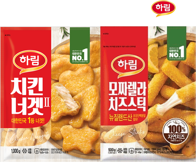 하림-치킨너겟(2) 1kg+하림-모짜렐라 치즈스틱500g, 1세트, 1.5kg