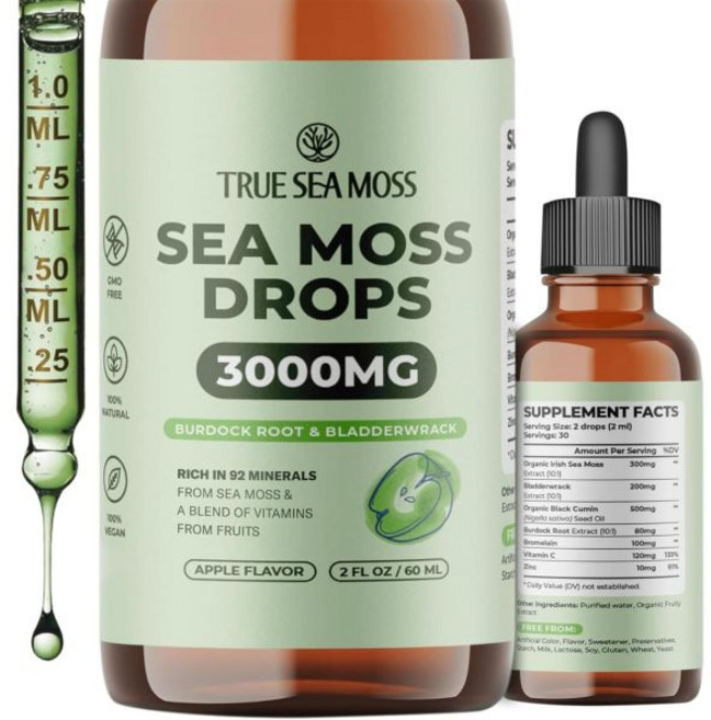 Irish Sea Moss Drops - 5X Stronger Than Sea Moss Gel - 92+ Essentials Minerals - with Black Elderb, Apple