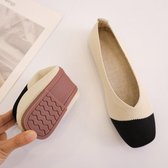 Makone 여성 플랫슈즈 스퀘어헤드 캐주얼 니트 단화 슬립온 통기성 좋은 발편한 굽낮은 신