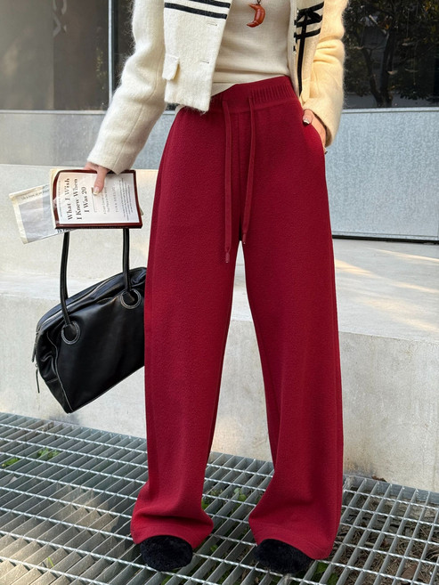 【加厚立體花紋】闊腿褲 休閒褲 寬鬆褲 闊腿褲女 闊腿褲秋冬 鬆緊抽繩腰 高腰垂感 泡芙絨面料 秋冬保暖百搭