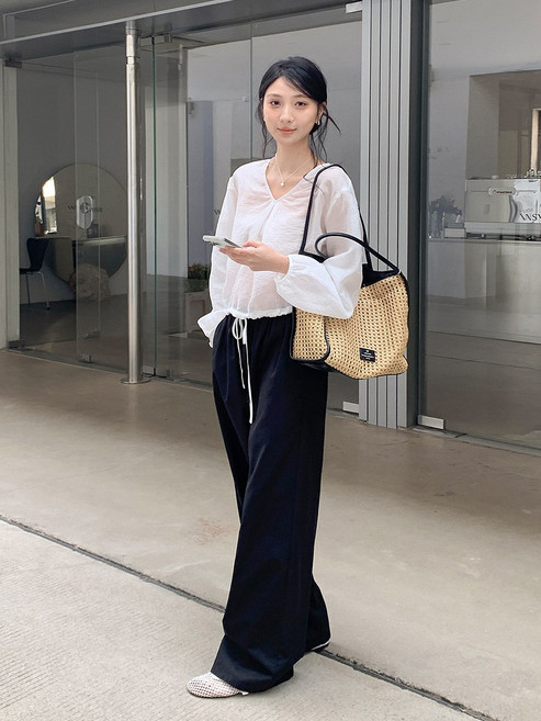 衣爾衫 空氣褲 天絲輕盈感繫帶闊腿休閒褲女高腰顯瘦直筒長褲0397